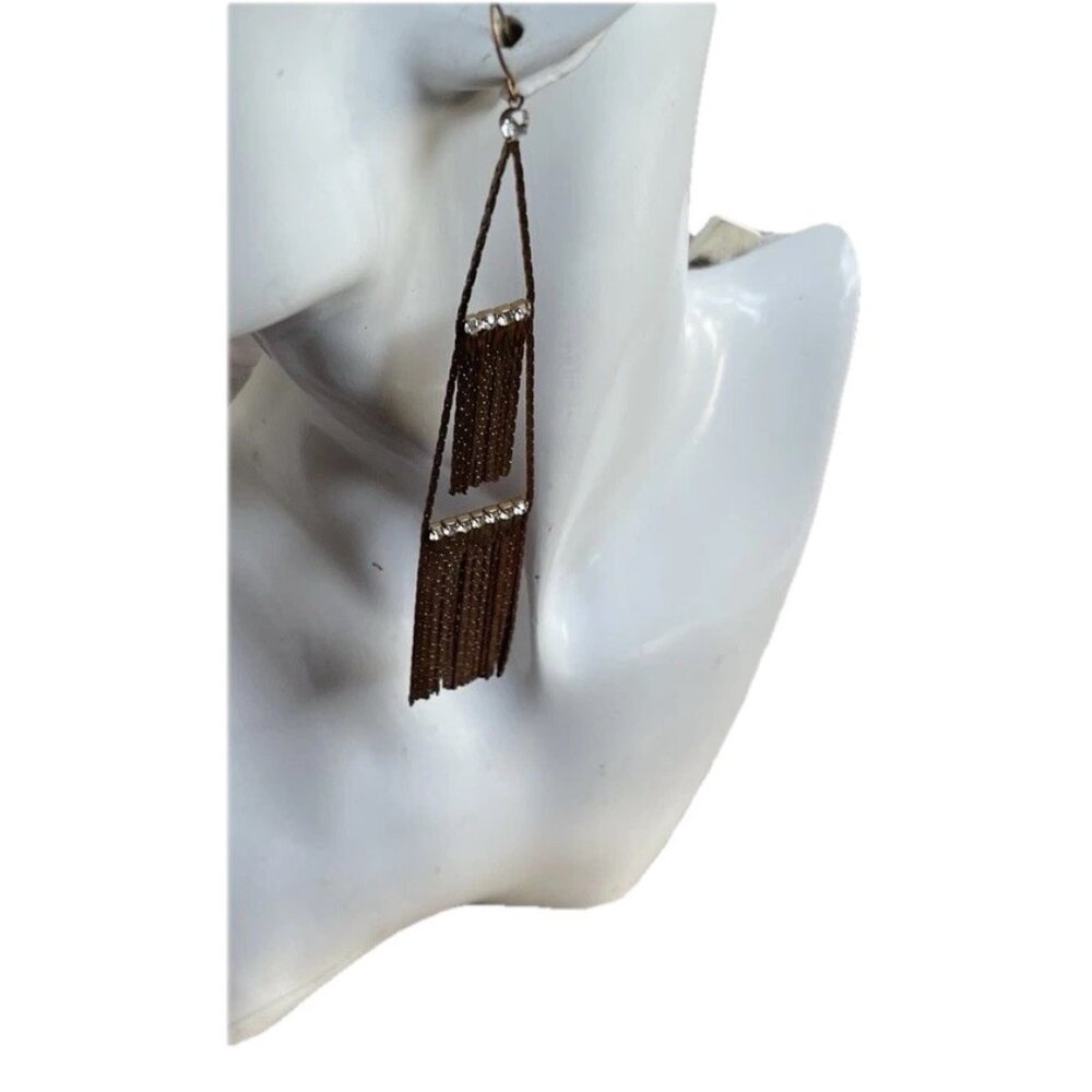 Vintage Copper Rose Gold Long Tassle Multi Start and Dangle Earrings White Stone